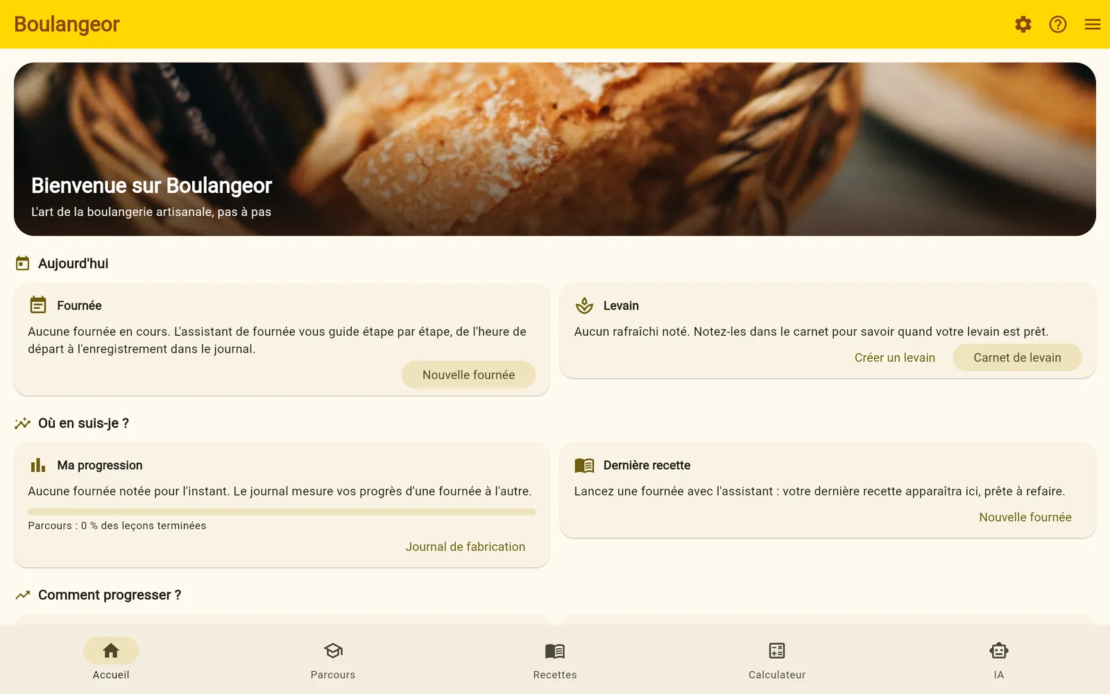 Tableau de bord de Boulangeor sur un écran d'ordinateur, en deux colonnes : fournée, levain, progression et dernière recette