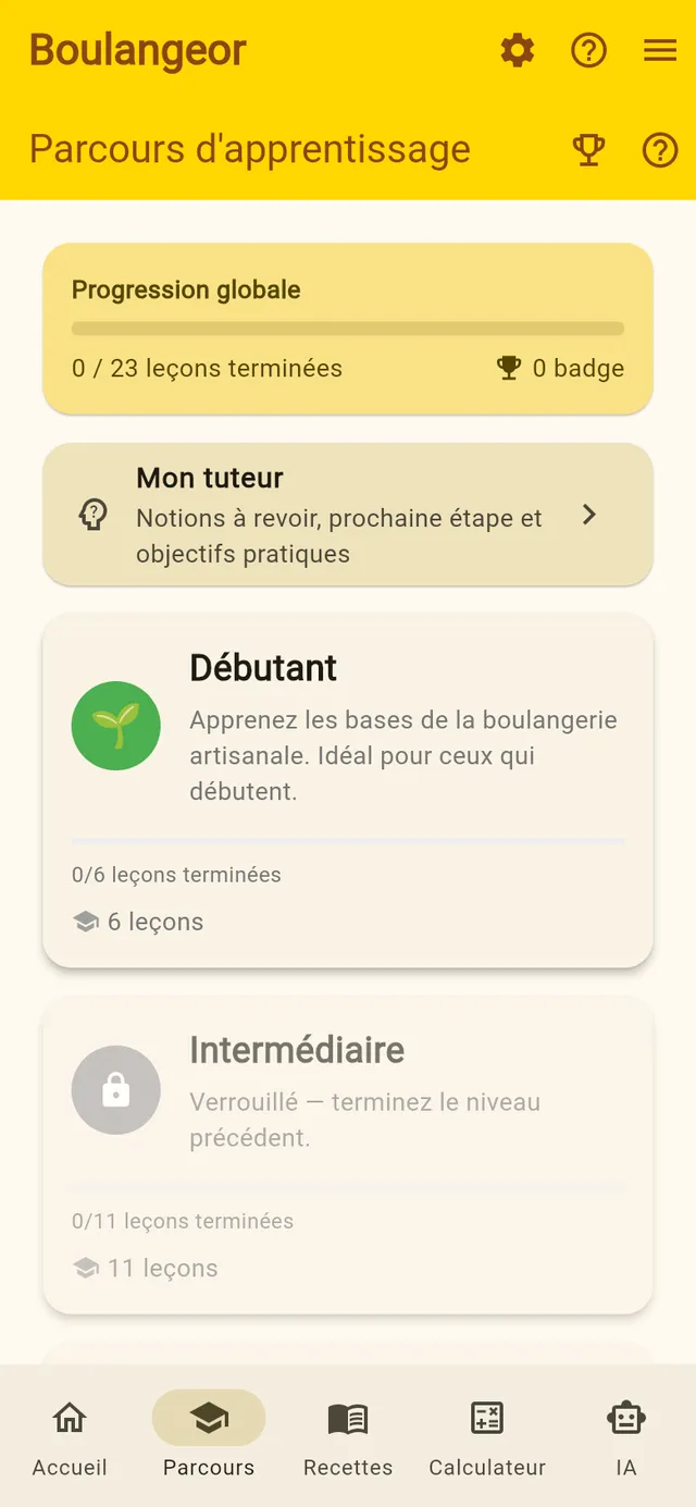 Capture du parcours d'apprentissage : progression globale sur 23 leçons, accès au tuteur et niveaux Débutant et Intermédiaire