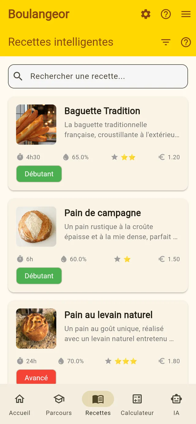 Capture de la liste des recettes : Baguette Tradition, Pain de campagne, Pain au levain naturel, avec durée, hydratation, difficulté et coût