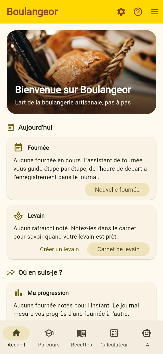 Tableau de bord : fournée du jour, état du levain, progression
